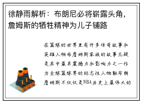 徐静雨解析：布朗尼必将崭露头角，詹姆斯的牺牲精神为儿子铺路